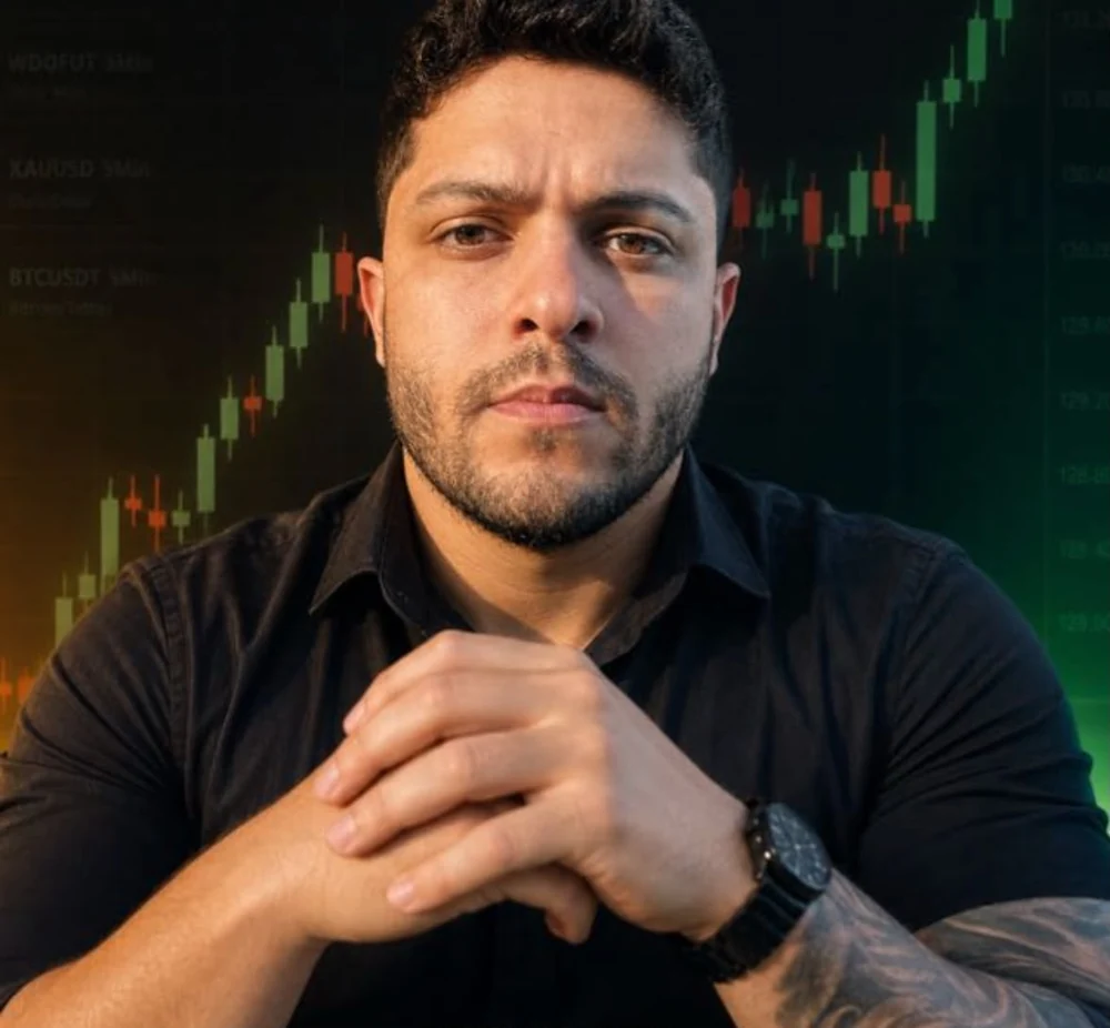 Paulo Cesar, de camisa preta, diante de um gráfico de candles